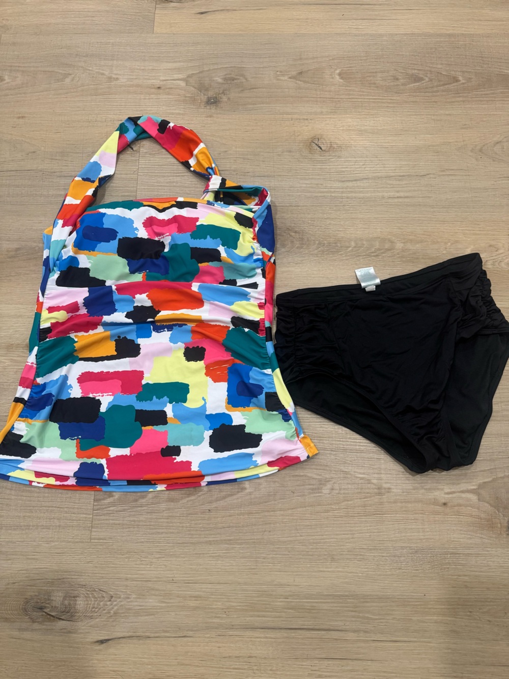 Wonens  Multi-Color Brushstroke Tankini Top with Black Swim Bottoms